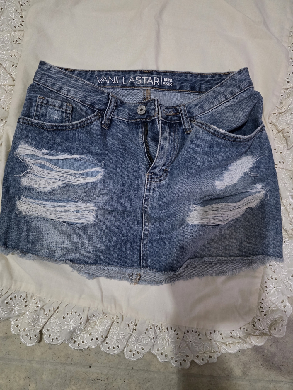 VANILLA STAR Ripped Denim Mini Skirt in Light Blue